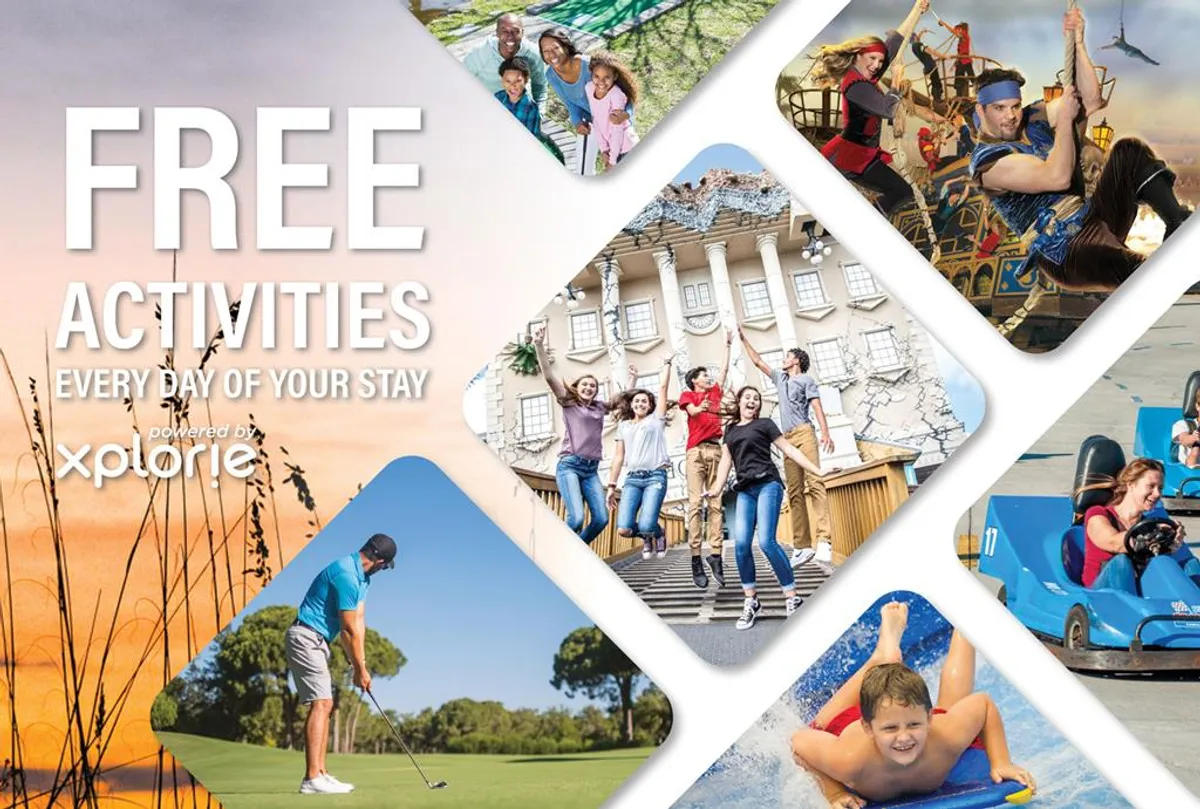 A lively interior scene showcasing families enjoying various activities such as golfing, water sports, amusement rides, and interactive experiences. The setting is dynamic, full of energy, and emphasizes the range of attractions available in Myrtle Beach beyond just the beach.